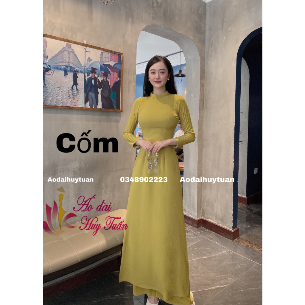 Áo dài truyền thống lụa Mỹ  màu cốm,cổ 2 phân , trơn ,