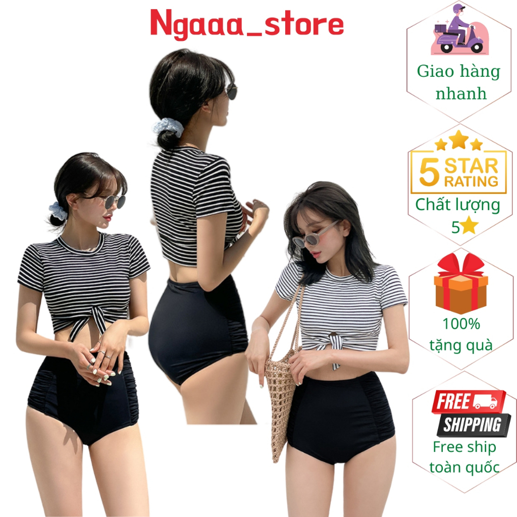 Đồ bơi nữ đi biển kín đáo BK1029, Bikini 2 mảnh phong cách hàn quốc áo cộc kẻ sọc thắt nơ quần nhúm trẻ trung