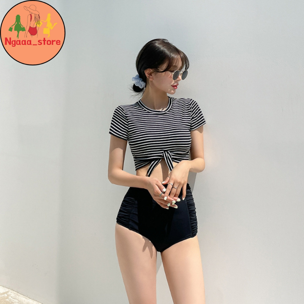 Đồ bơi nữ đi biển kín đáo BK1029, Bikini 2 mảnh phong cách hàn quốc áo cộc kẻ sọc thắt nơ quần nhúm trẻ trung | BigBuy360 - bigbuy360.vn