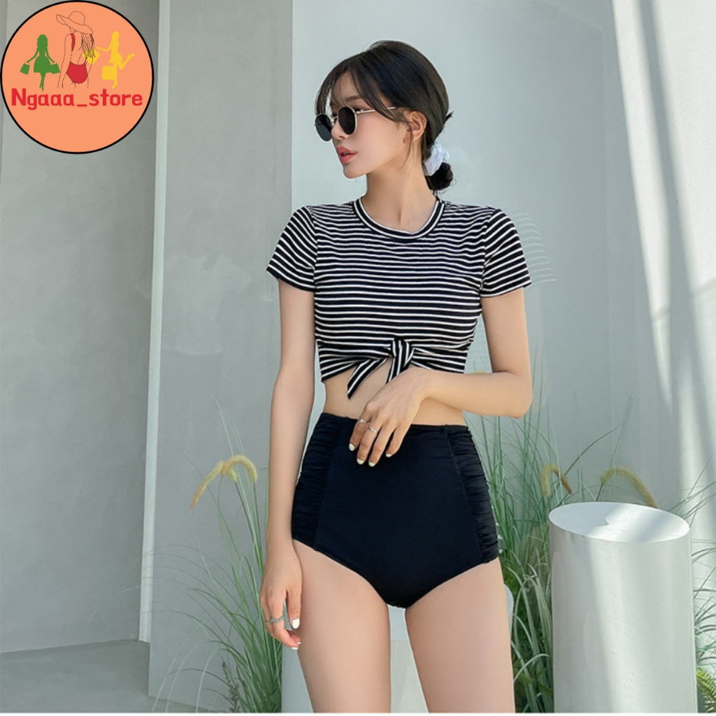Đồ bơi nữ đi biển kín đáo BK1029, Bikini 2 mảnh phong cách hàn quốc áo cộc kẻ sọc thắt nơ quần nhúm trẻ trung | BigBuy360 - bigbuy360.vn