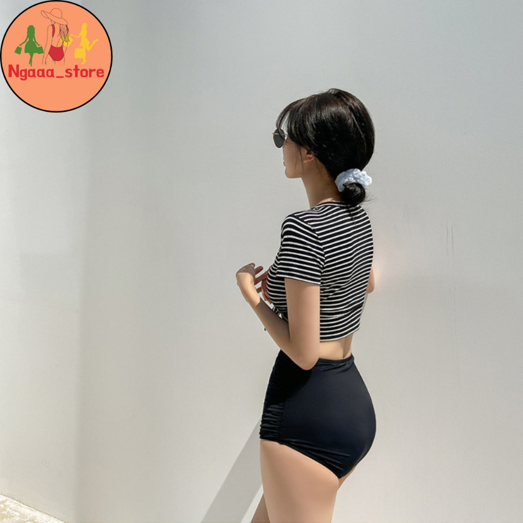 Đồ bơi nữ đi biển kín đáo BK1029, Bikini 2 mảnh phong cách hàn quốc áo cộc kẻ sọc thắt nơ quần nhúm trẻ trung | BigBuy360 - bigbuy360.vn