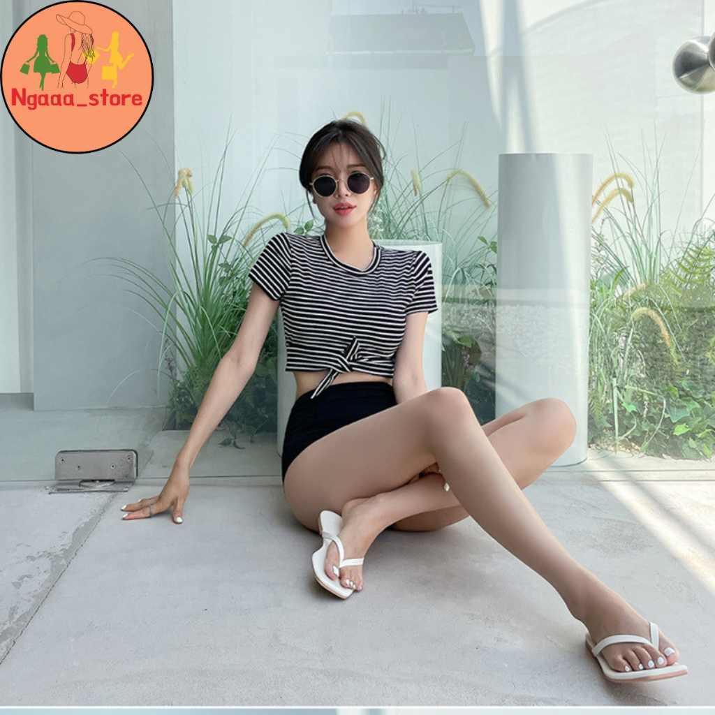 Đồ bơi nữ đi biển kín đáo BK1029, Bikini 2 mảnh phong cách hàn quốc áo cộc kẻ sọc thắt nơ quần nhúm trẻ trung | BigBuy360 - bigbuy360.vn