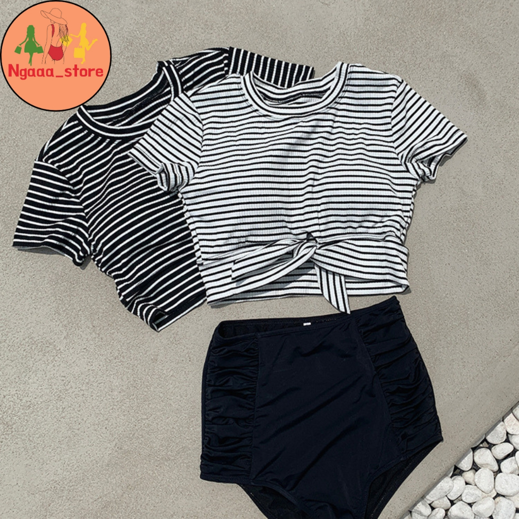 Đồ bơi nữ đi biển kín đáo BK1029, Bikini 2 mảnh phong cách hàn quốc áo cộc kẻ sọc thắt nơ quần nhúm trẻ trung | BigBuy360 - bigbuy360.vn