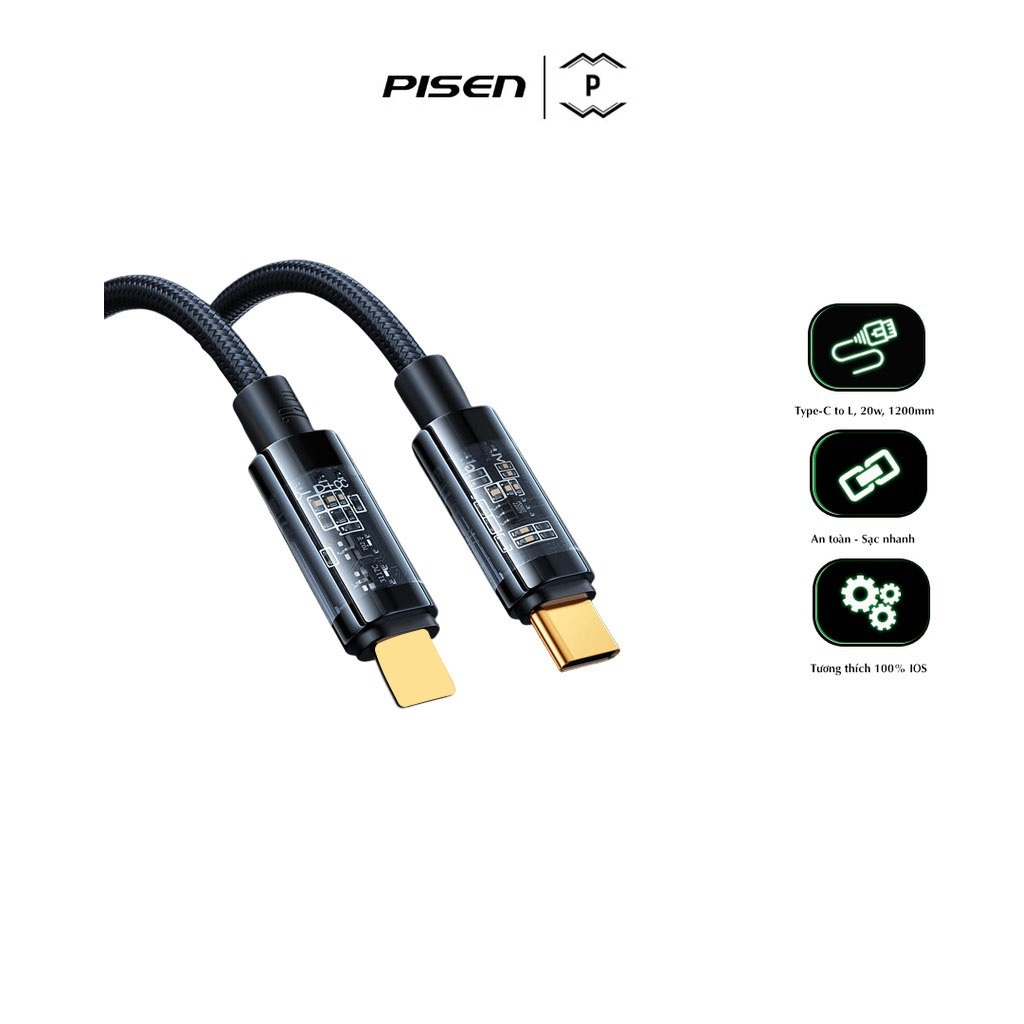 Cáp cao cấp Pisen USB-C to L sạc nhanh, công suất sạc 20W, model: QC-TC01-1200 - Hàng chính hãng, bảo hành 24 tháng