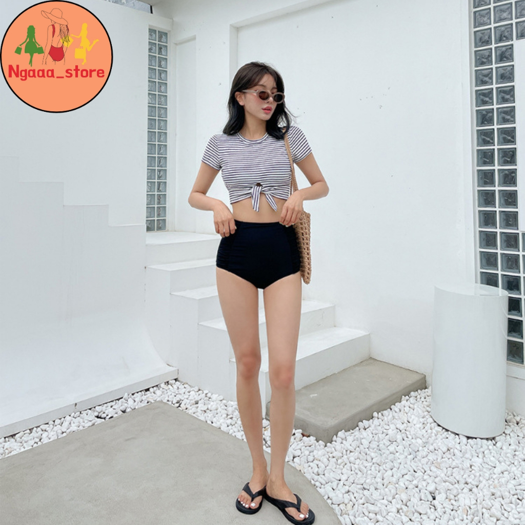 Đồ bơi nữ đi biển kín đáo BK1029, Bikini 2 mảnh phong cách hàn quốc áo cộc kẻ sọc thắt nơ quần nhúm trẻ trung | BigBuy360 - bigbuy360.vn