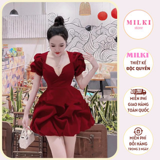 Váy Nhung Phối Lưới Tay Bồng Nhún Chân Phồng
