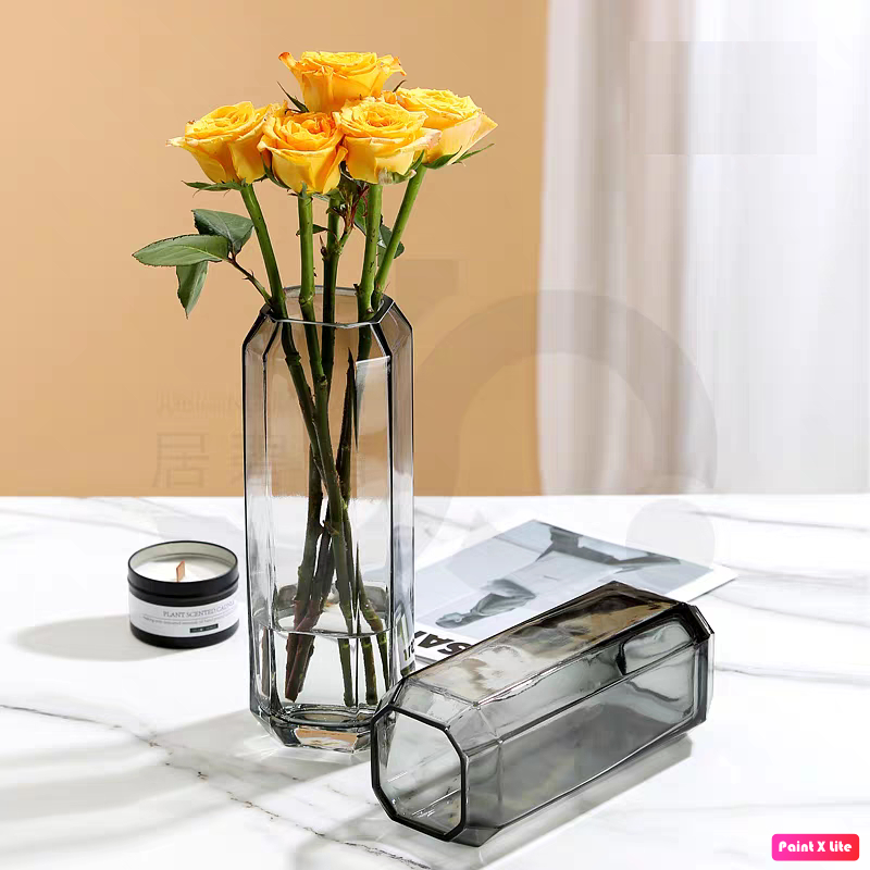 Lọ hoa decor thuỷ tinh xám đen cao cấp Qshop Decor , bình hoa trang trí phòng khách để bàn làm việc đẹp sang trọng