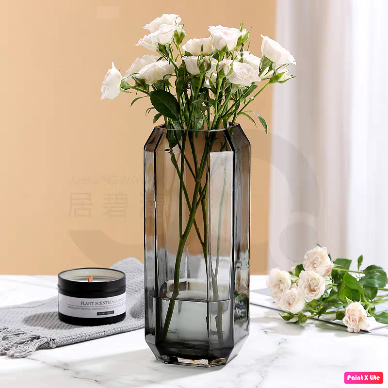 Lọ hoa decor thuỷ tinh xám đen cao cấp Qshop Decor , bình hoa trang trí phòng khách để bàn làm việc đẹp sang trọng