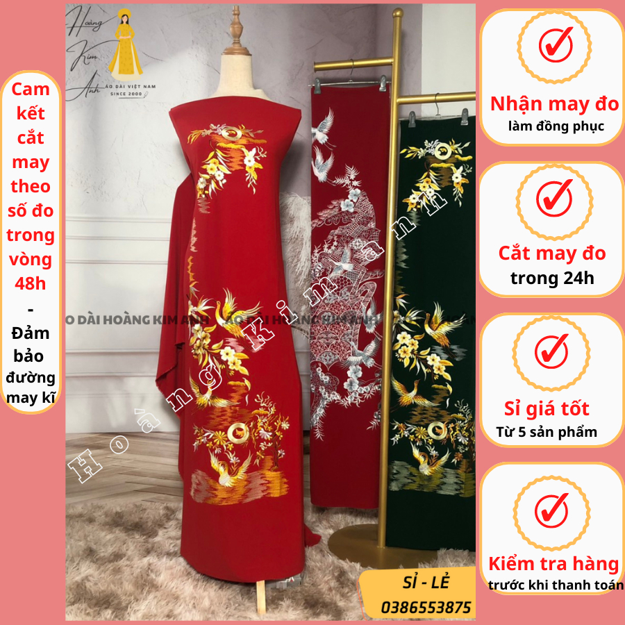 Vải may áo dài truyền thống lụa mango thêu chim lắc tay thủ công cao cấp màu xanh, đỏ