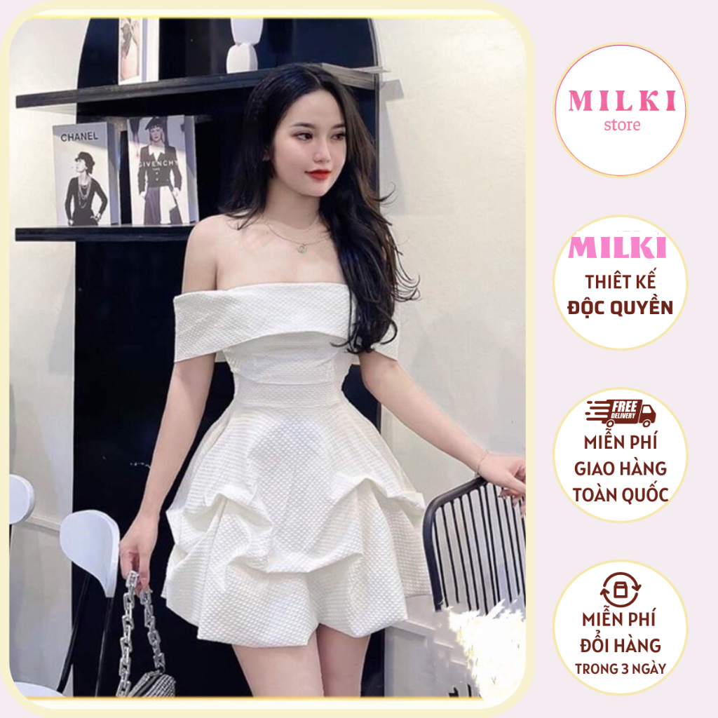 Váy gấm cúp ngực trễ vai 3 lớp xòe bồng công chúa Milki đầm bẹt vai siêu hách dáng mặc đi tiệc ăn cưới