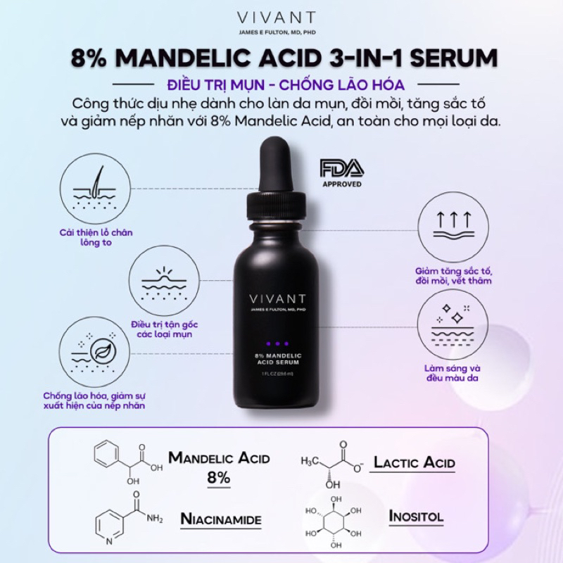 [ Công ty ]  Tinh chất tẩy da chết hoá học Vivant Skincare 8% mandelic acid 3-in-1 30 ml