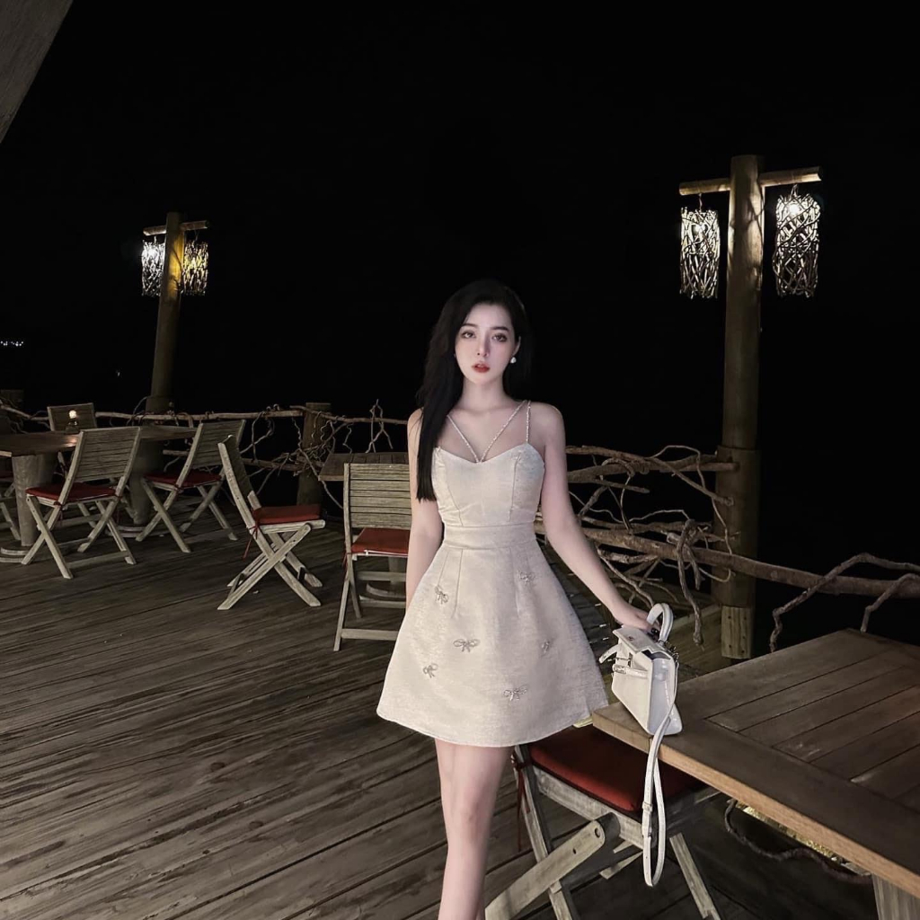 Đầm viền đá đính nơ dáng xòe xinh New baube - TQ