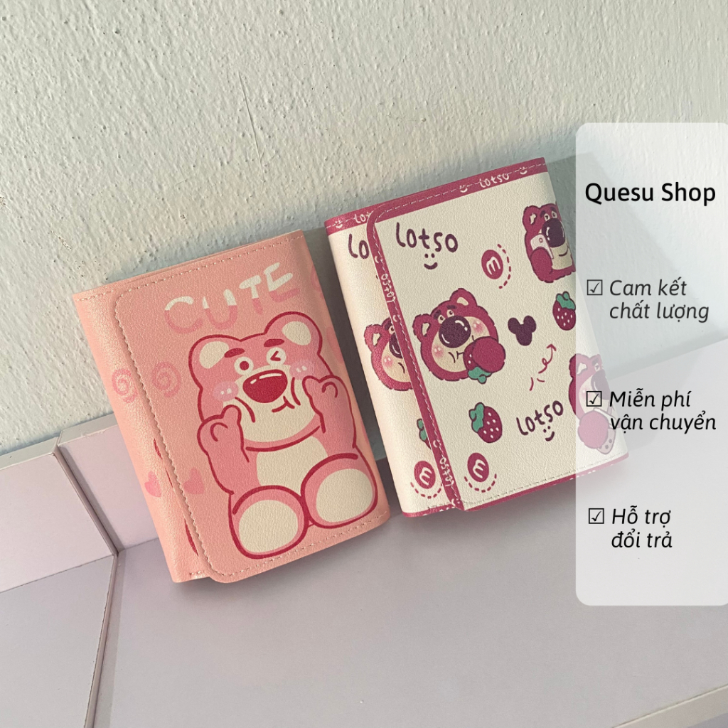 Ví gập gấu dâu hồng bóp cầm tay mini strawberry bear lotso nhỏ Quesu cho nữ
