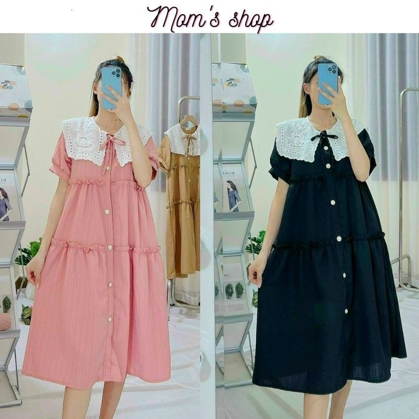 Váy bầu cổ ren cao cấp chất gân tăm bền đẹp - Mom's Shop - Đầm dáng suông cho bà bầu mặc cực thoải mái - ẢNH THẬT