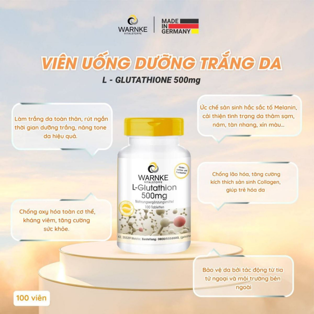 Viên Uống Trắng Da Warnke L-Glutathione 500mg hỗ trợ chống lão hoá, làm đẹp da của Đức, 100 viên