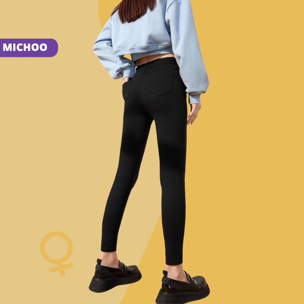 Quần legging nữ MICHOO dài lưng cạp cao giữ nhiệt legging thun ôm bó vải dày dặn cao cấp 2 khuý - 1 khuy