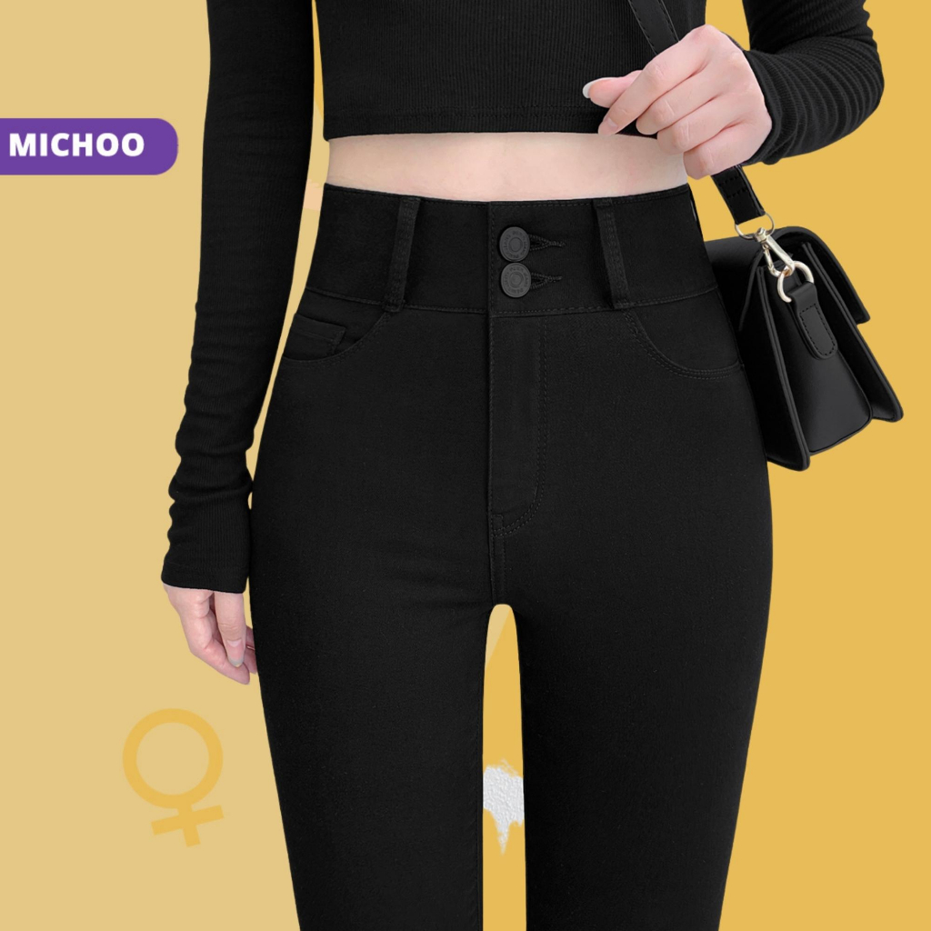 Quần legging nữ MICHOO dài lưng cạp cao giữ nhiệt legging thun ôm bó vải dày dặn cao cấp 2 khuý - 1 khuy