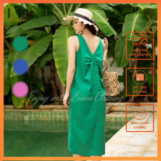 Đầm đi biển hở lưng dáng dài xẻ tà, váy suông chất vải linen sát nách cổ tròn