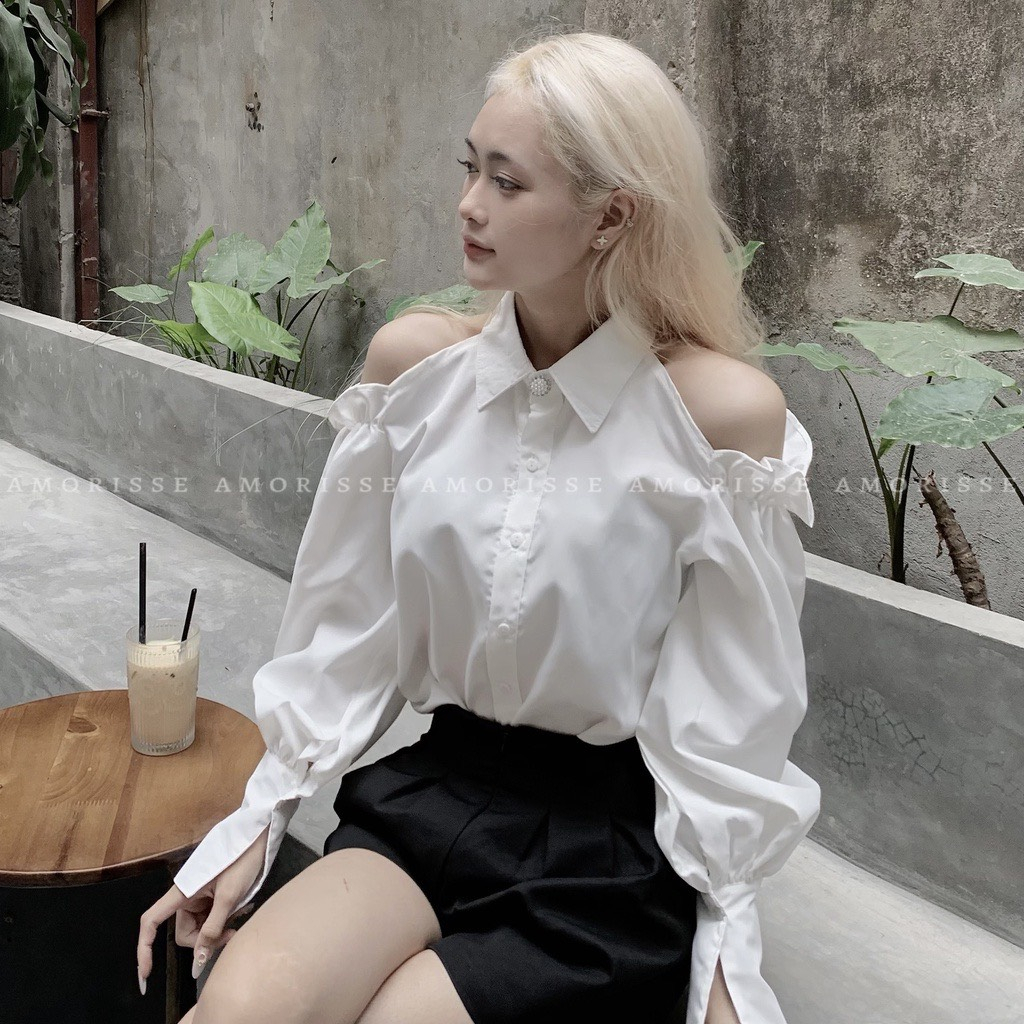 Áo sơ mi khoét vai chun tay bồng cúc ngọc, Áo sơ mi tay bèo hở vai tiểu thư