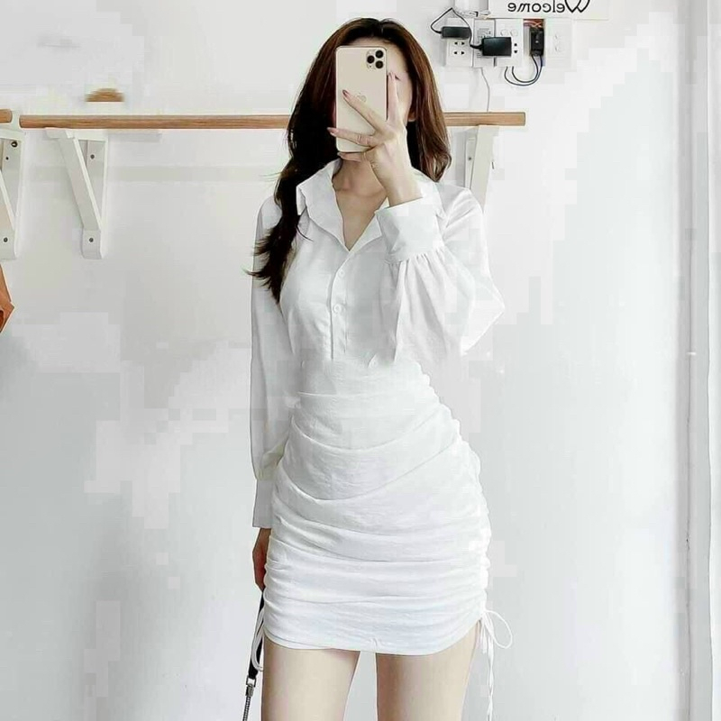 Đầm Sơmi Thời Trang Nữ Tay Dài Váy Dây Rút Chất Vải Kate.