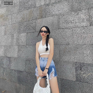 quần short jean lật lai phối hai màu rách tua  rua lyie