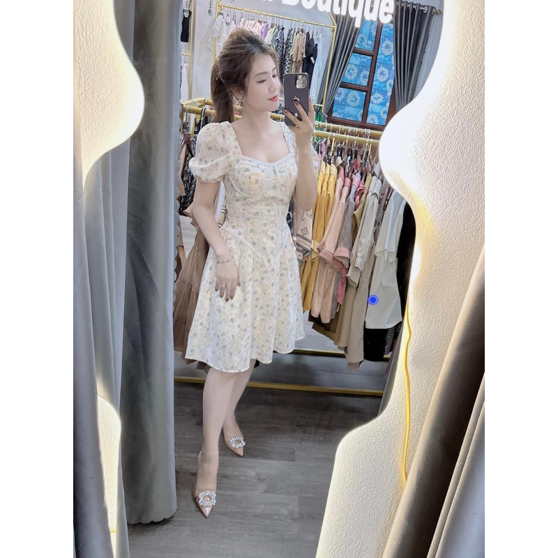 Váy xinh vải thô in hoa cổ vuông đầm nữ thiết kế giá sỉ