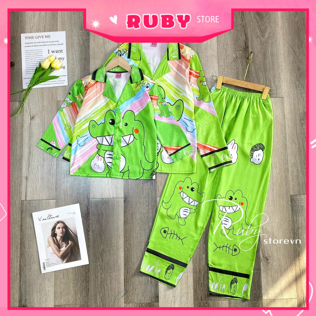 Đồ bộ lụa xước cao cấp cho bé Đồ bộ lụa xước mẹ và bé size đến 75kg chất lụa mềm mát in hình cá sấu dễ thương PRBQDTDLX