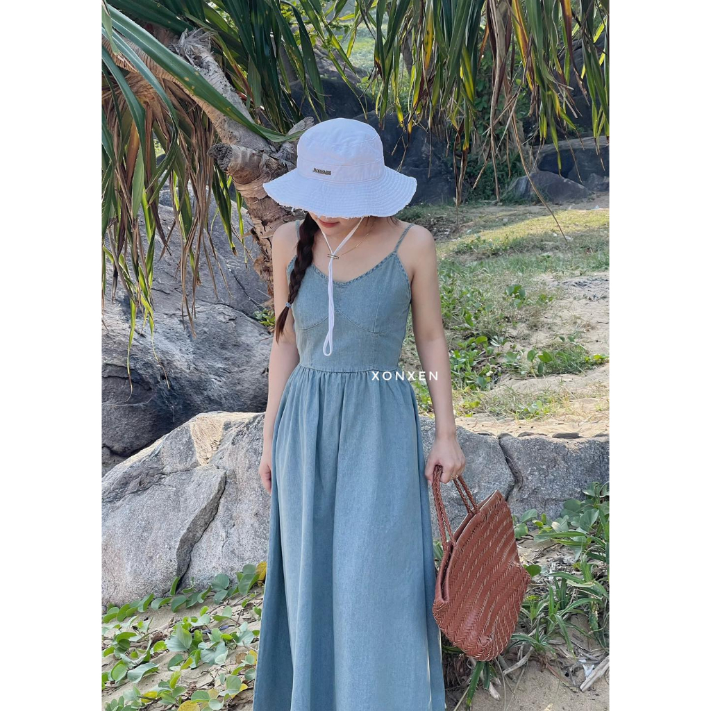 Đầm jeans XONXEN SHOP QUY NHƠN QC hai dây xòe chun lưng, mẫu đầm dây là sự lựa chọn của các nàng trong hè mã 5516