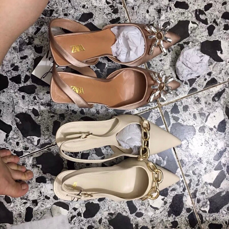 Giày 9cm mũi nhọn phối dây xích xuất ZR full box MS-7164