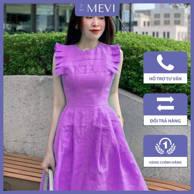Đầm linen tay sát nách cổ tròn dáng xòe chiết eo màu tím hottrend thời trang MEVI _V1039