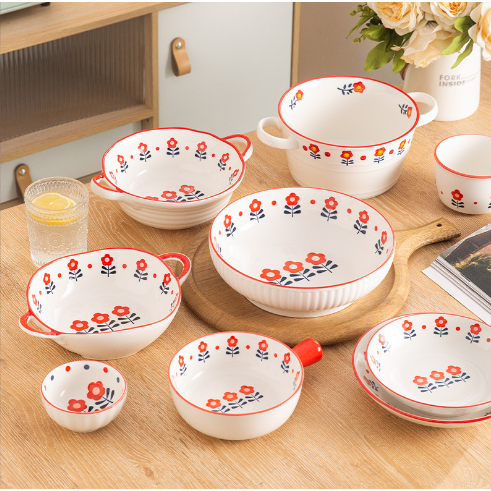 Bát đĩa hoa nhí đỏ BDIAR3 cute dễ thương đựng thức ăn chụp ảnh Decor Ăn Cơm Ăn Chè Bộ Chén Dĩa