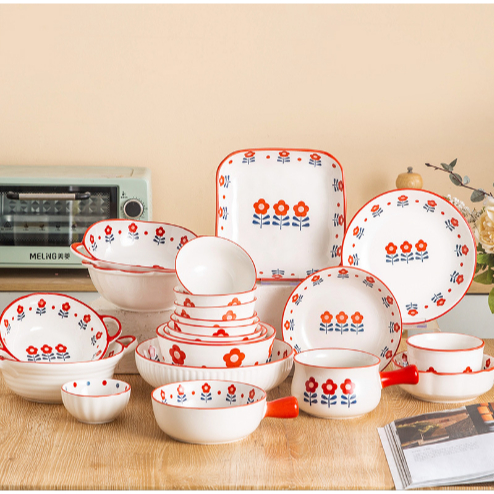 Bát đĩa hoa nhí đỏ BDIAR3 cute dễ thương đựng thức ăn chụp ảnh Decor Ăn Cơm Ăn Chè Bộ Chén Dĩa