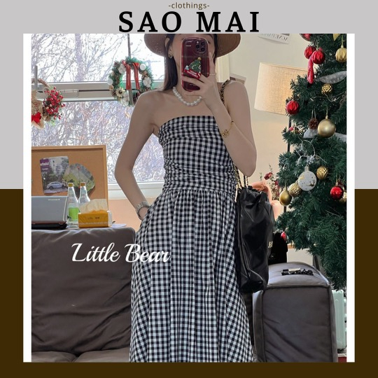 Đầm caro nữ cúp ngực, đầm maxi nữ kẻ caro dáng dài siêu nữ tính