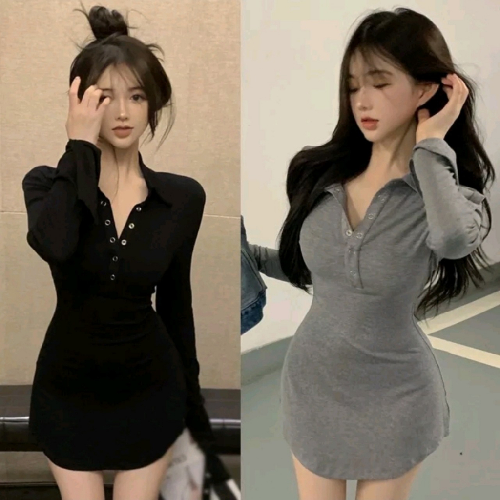 Đầm ôm body cổ bẻ phối nút chất borip