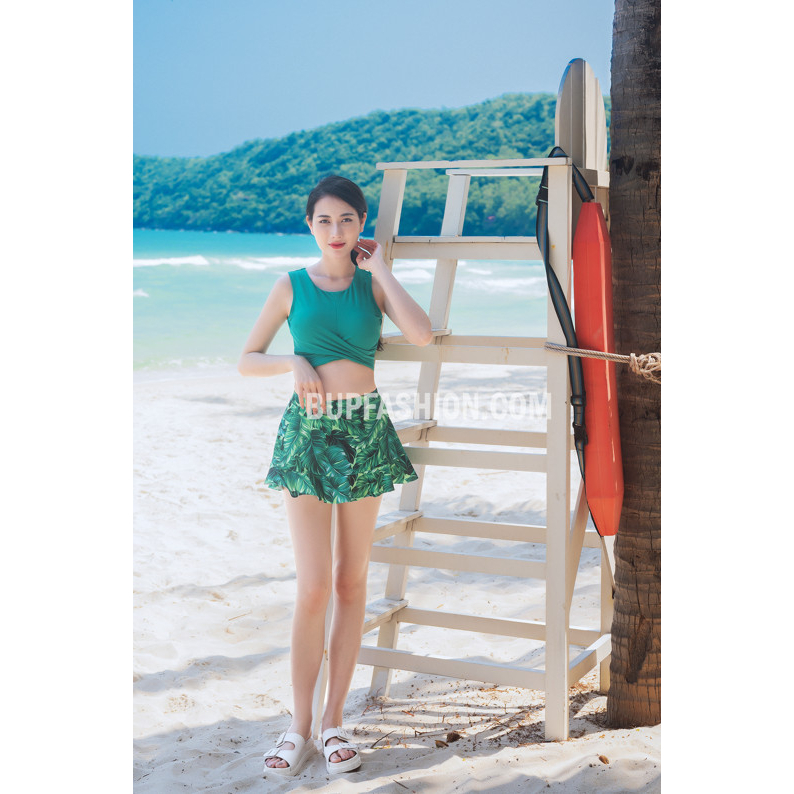B3L01-1 SET BIKINI CAO CẤP 3 MẢNH MÀU XANH LÁ KÈM CHÂN VÁY