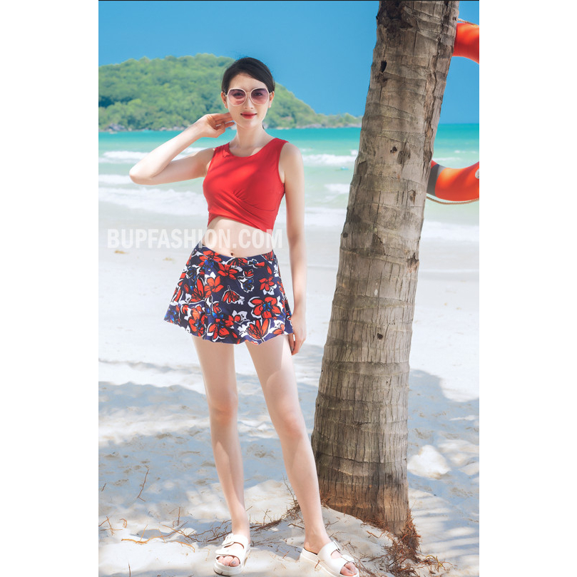 B3L01-1 SET BIKINI CAO CẤP 3 MẢNH MÀU XANH ĐỎ KÈM CHÂN VÁY