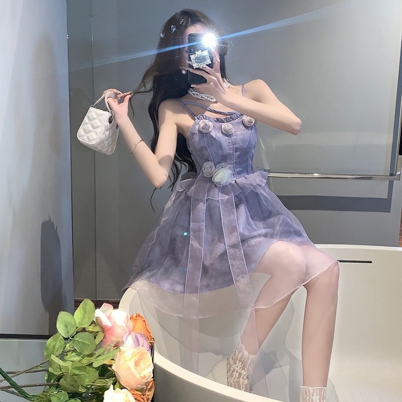 Váy voan hai dây màu tím loang phối dây đính hoa hồng