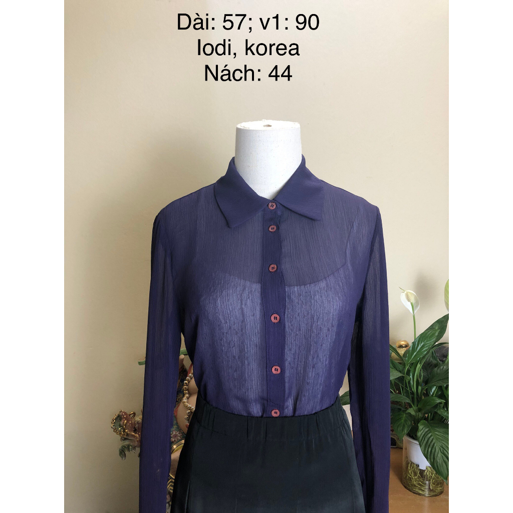Áo sơ mi si tuyển 2hand dài tay, voan gân 1 lớp màu tím, tay phối ren nhỏ