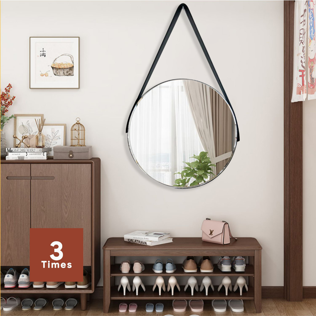 Gương tròn treo tường dây da, nhiều kích thước, bao bể vỡ, gương siêu nét, dây da siêu sang