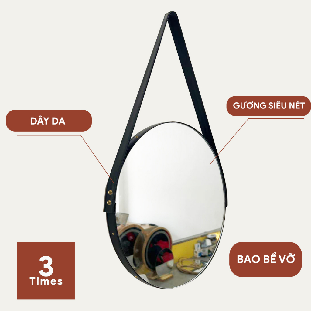 Gương tròn treo tường dây da, nhiều kích thước, bao bể vỡ, gương siêu nét, dây da siêu sang