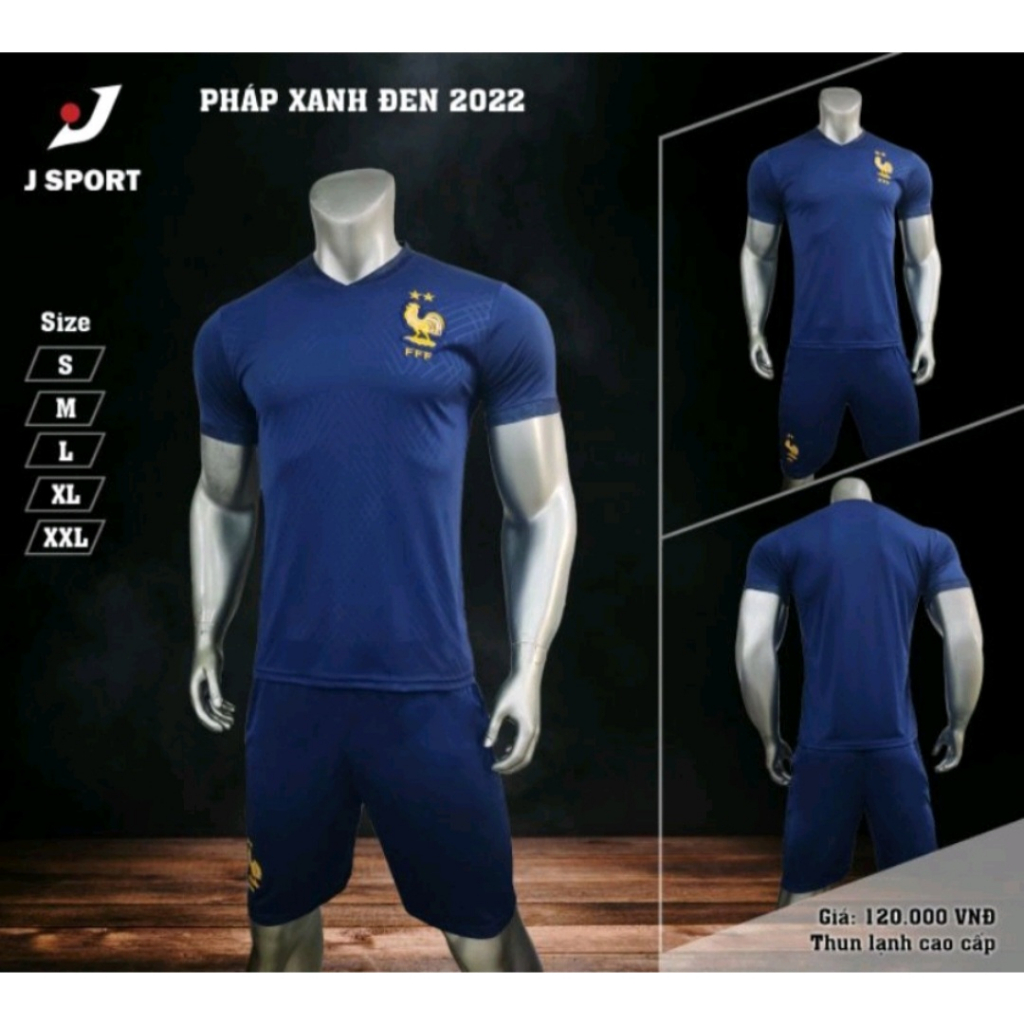Quần Áo Bóng Đá, Đồ Đá Banh Đội Tuyển Pháp Xanh Đen 2022 2023 - Thun Lạnh Cao Cấp, Không Nhăn, Không Xù Lông
