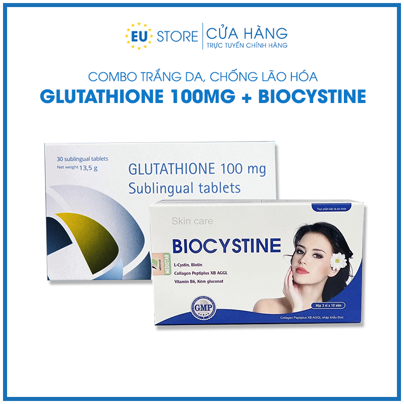 Combo Viên ngậm Glutathione Italy + Viên uống Biocystine 1200mg trắng da, mờ nám, chống lão hóa và tăng sức đề kháng