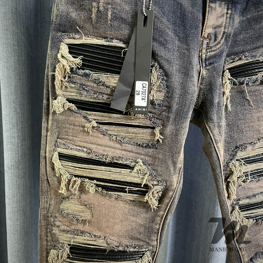 🏆  - Quần Bò Amiri Destroyed - Xanh Trầm Vá Da Dáng Biker - Loại 1 Chất Liệu Jean Cao Cấp Mạnh Hùng Shop 219