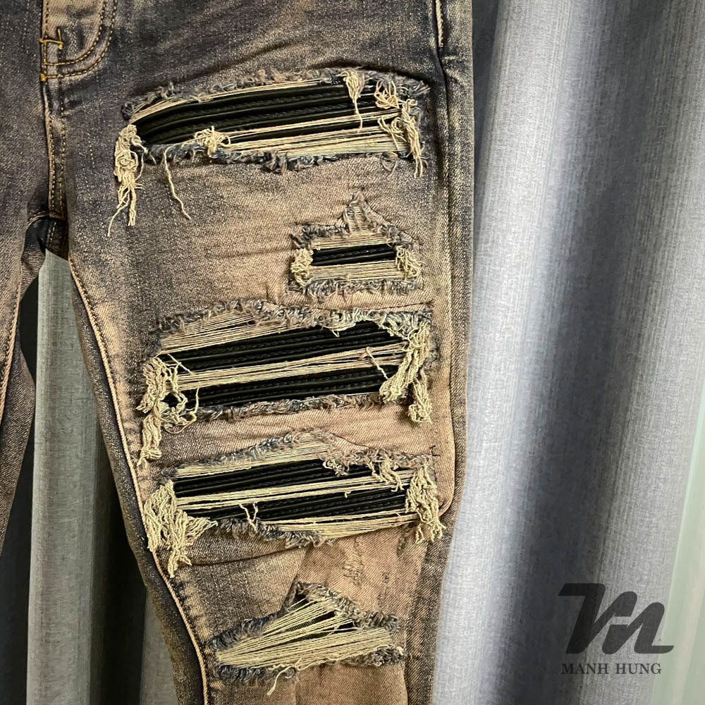 🏆  - Quần Bò Amiri Destroyed - Xanh Trầm Vá Da Dáng Biker - Loại 1 Chất Liệu Jean Cao Cấp Mạnh Hùng Shop 219
