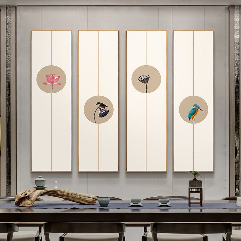 Tranh treo tường hoa sen khổ dài bộ tứ chất liệu canvas trang trí decor không gian nhà phòng trà phòng thờ cực đẹp