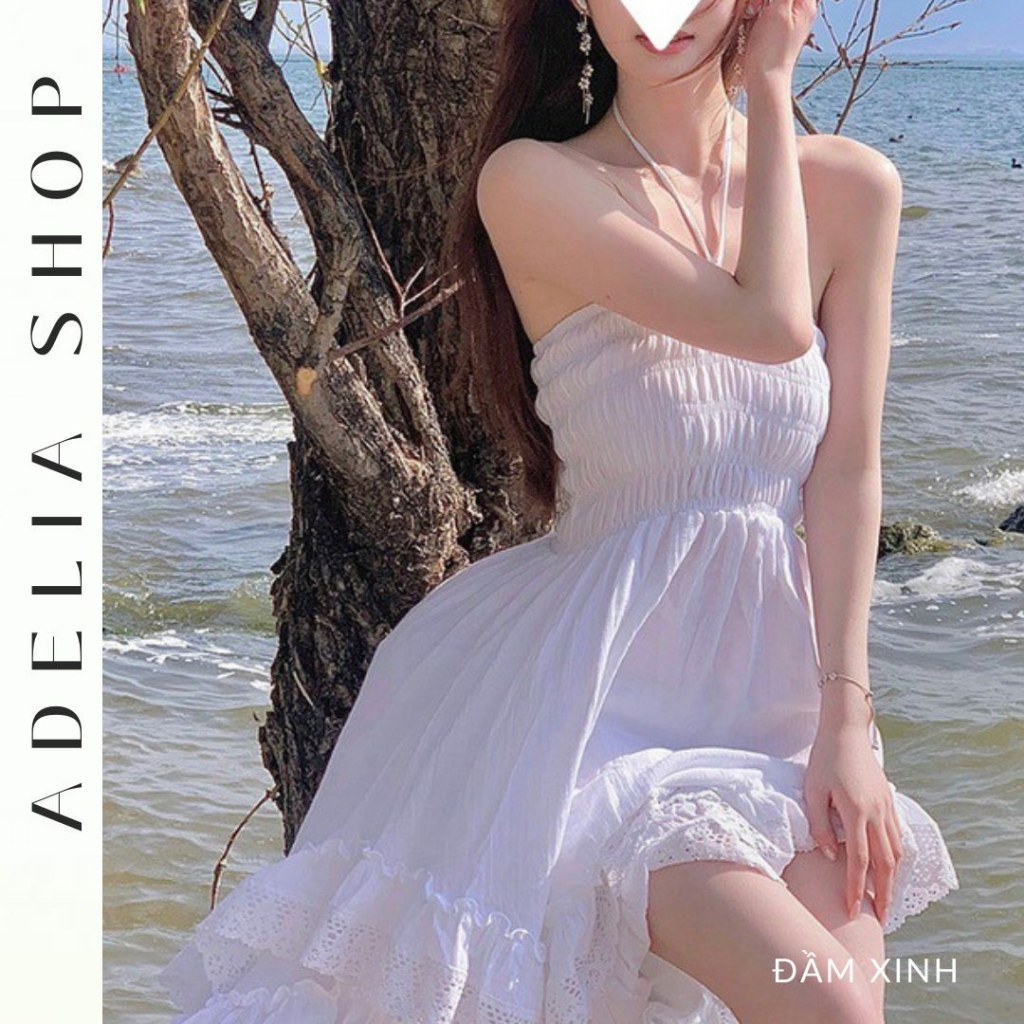 Sẵn -「ADELIA」Đầm Maxi Trắng Cổ Yếm Dáng Đuôi Cá Màu Trắng Thanh Khiết 2 Lớp Hàng Quảng Châu