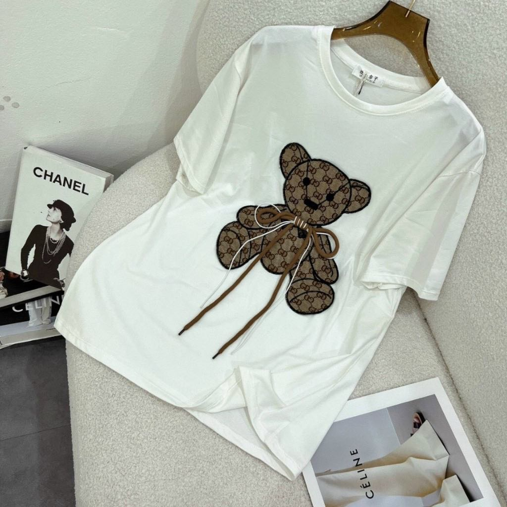 Áo Thun Tay Lỡ Gấu Miken Gắn Nơ Cực Xinh💕Áo Phông Chất Cotton Dày Dặn Dành Cho Nam Nữ