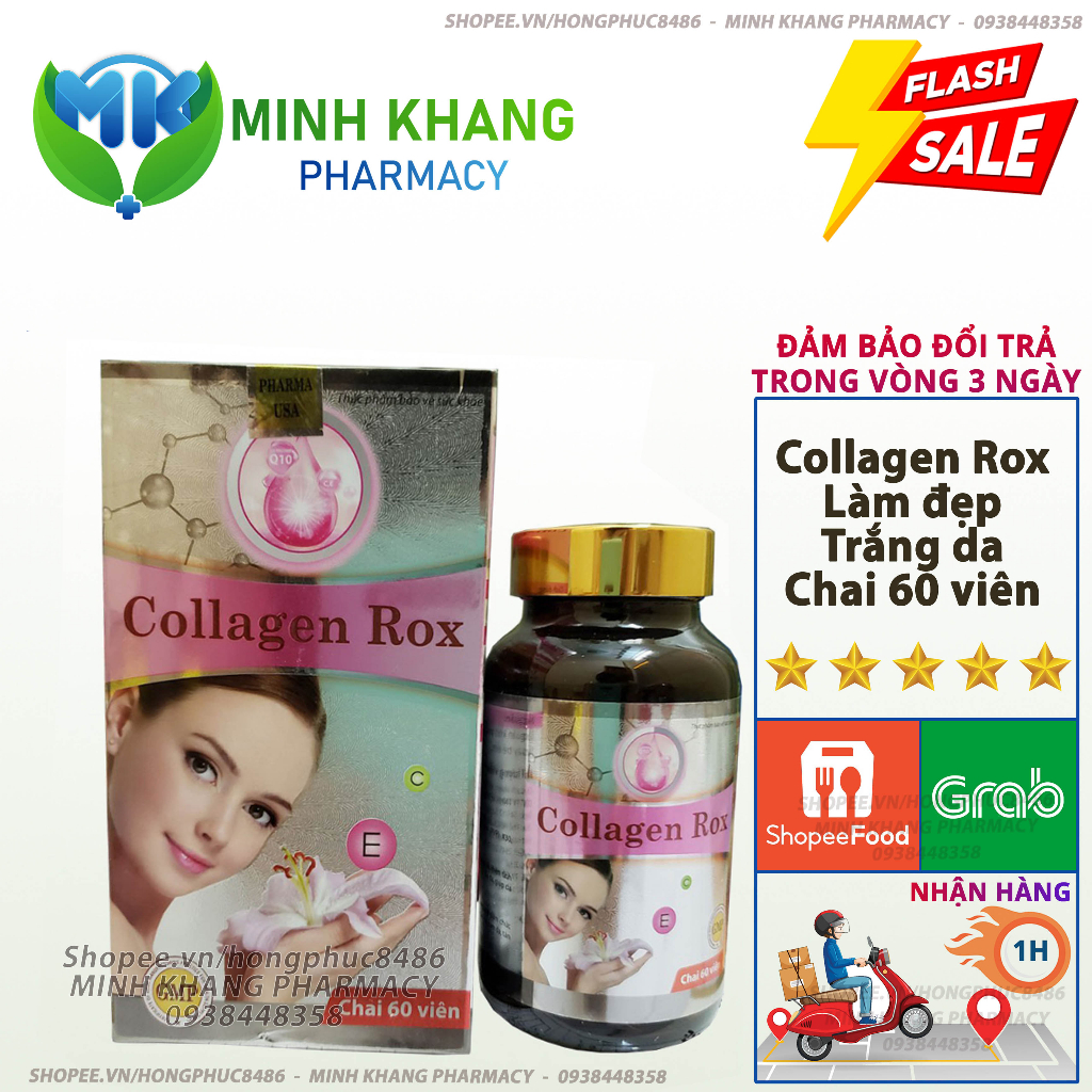 Viên uống trắng da Collagen Rox 60 viên đẹp da chống lão hóa chăm sóc da mặt bổ sung collagen vitamin c a aa