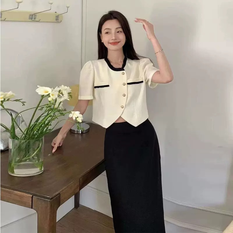 Set Đồ Nữ Áo Vest Ngắn Tay Cổ Tròn, Chân Váy Dài Qua Gối Dáng Suông Lưng Cao Retro Kiểu Hàn Quốc Set Đồ Nữ Đi Chơi SD350