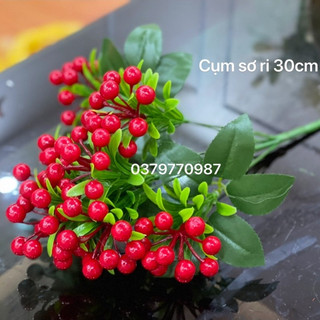 Cụm sơri đỏ, cành quả cherry dài 30cm -Cây giả decor trang trí nhà cửa nội thất phòng khách phòng ngủ